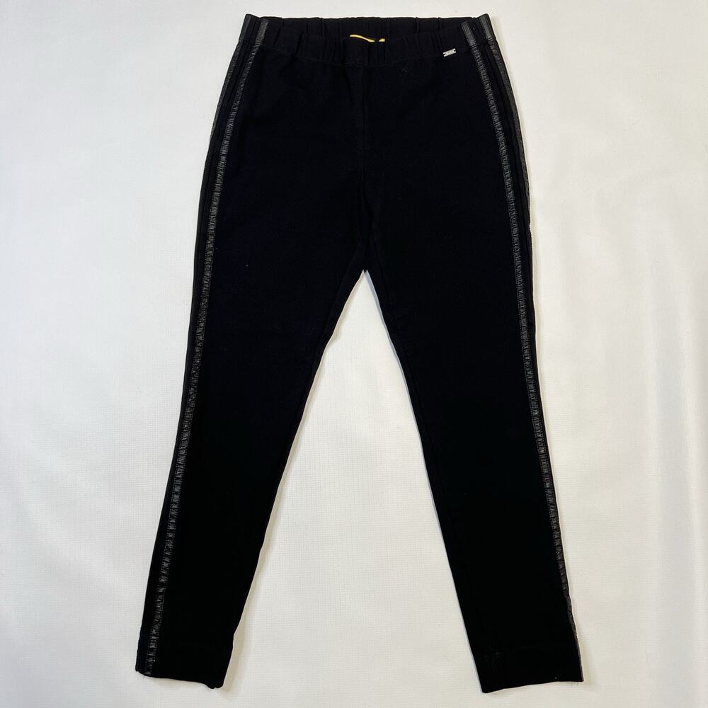 St John Pants Womens Small Black Skinny Leg Pull On Dress Career Leather Trim